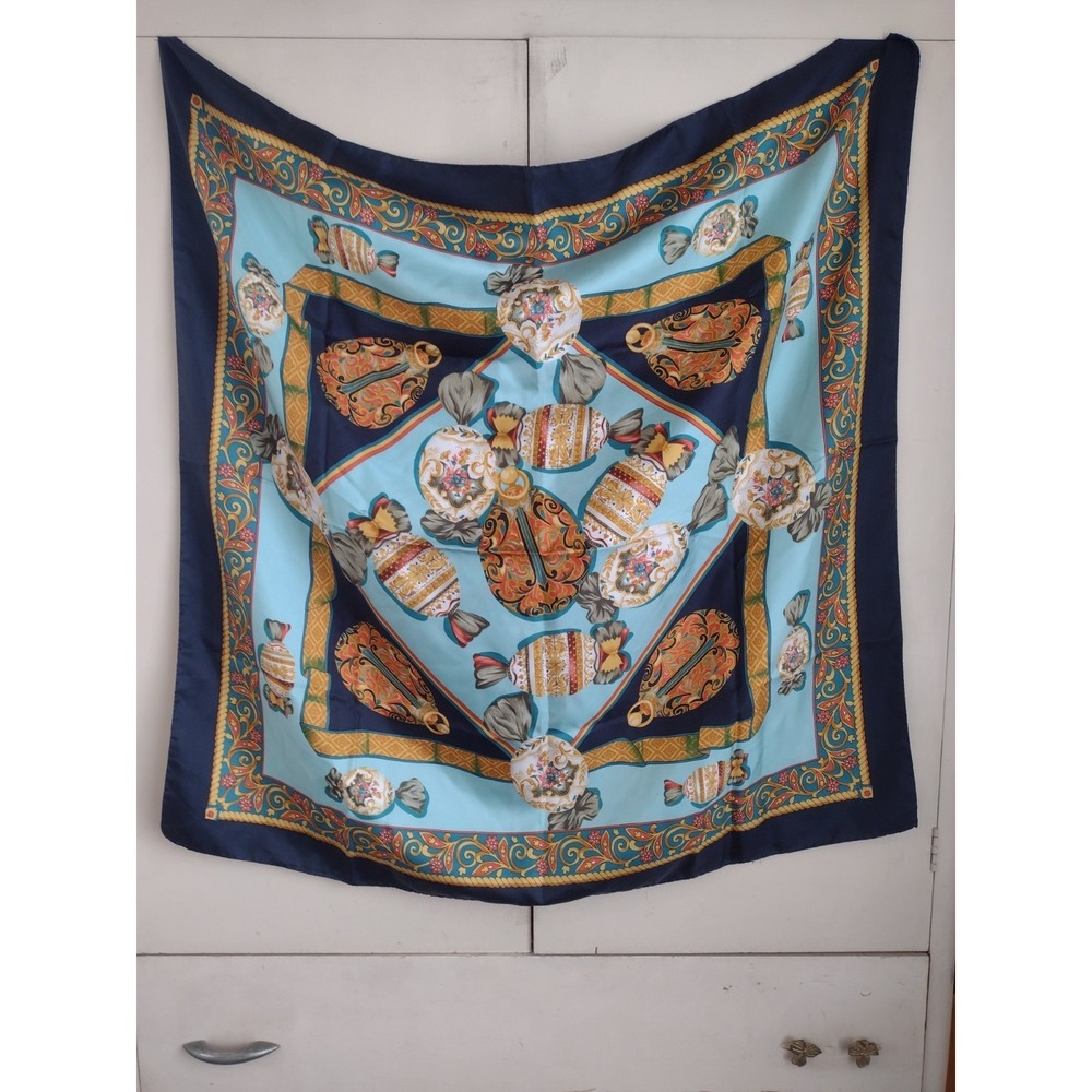 Vtg Silk Scarf Egg Wrapped Candy Motif Baroque Maximalists Navy Sky Blue 80s 90s
